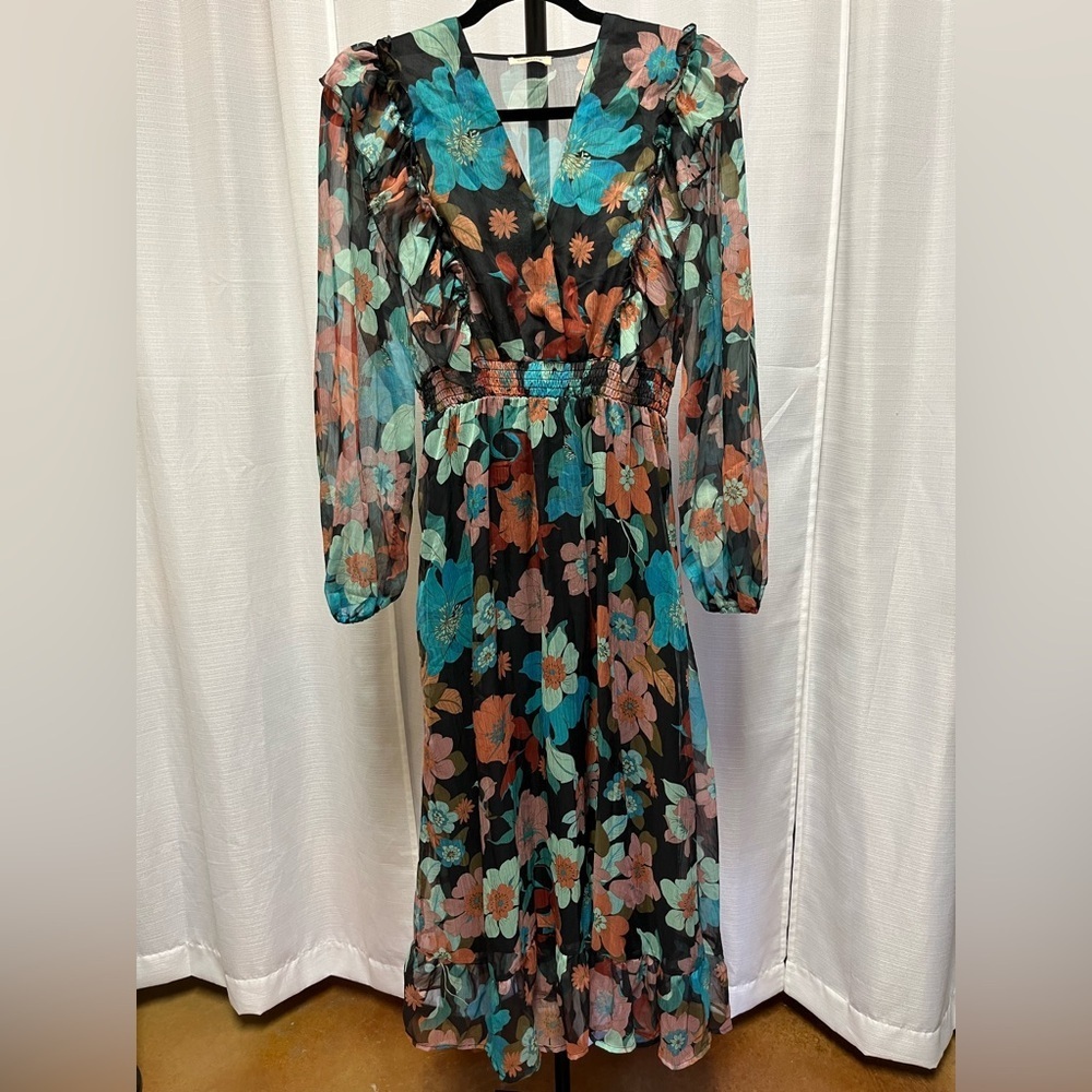 Sundayup Floral Print Midi V-neck Ruffle Dress Multicolored | size medium